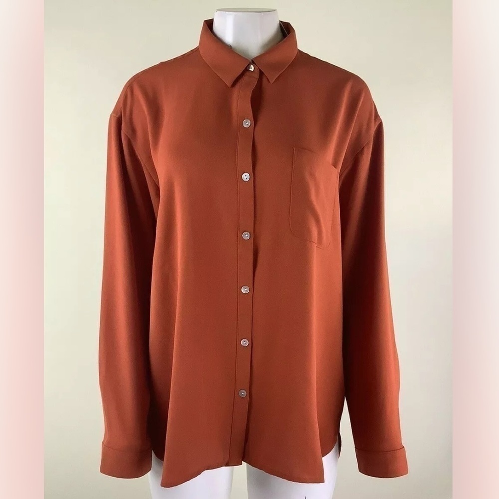 NWT J Jill Sz L Campari Button Blouse Orange Polyester Long Sleeve Collared
